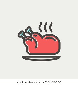 Baked whole chicken icon thin line for web and mobile, modern minimalistic flat design. Vector icon with dark grey outline and offset colour on light grey background.