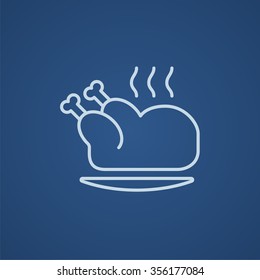 Baked whole chicken line icon for web, mobile and infographics. Vector light blue icon isolated on blue background.