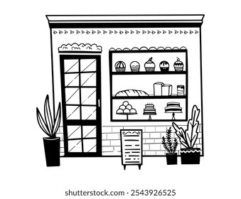 Línea de construcción de panadería o panadería, tienda exterior. Dibujado a mano ilustración, pan, cupcakes, magdalenas, pasteles. Vector en estilo doodle