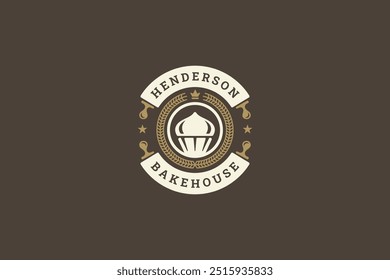 Bakehouse circle retro logo design template for bakery store vector flat illustration. Baker shop cafe old style logotype with fresh cooking cake cupcake baked pastry for cafeteria