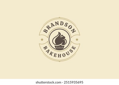 Bakehouse cremig Cupcake Kreis Luxus Retro-Logo Design Vorlage Vektor flache Illustration. Bäckerei traditionell gebackenes Brot süß Dessert Kuchen minimalistisch alten Stil Logotype mit Sternen Dekor Element