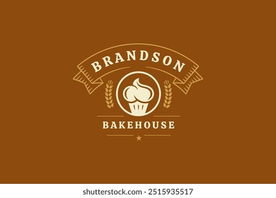 Bakehouse Cupcake mit Weizen Retro-Band Logo Design Vorlage Vektor flache Illustration. Bäckerei alten Stil minimalistisch logotype traditionelle Backwaren Rezept Brot Kuchen Gebäck Menü Café Marke