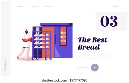 Bakehouse Factory, Website Landing Page. Worker in White Robe and Hat Rolling Trolley with Raw Loafs into Huge Oven for Baking. Bread Manufacture Web Page Banner. Cartoon Flat Vector Illustration