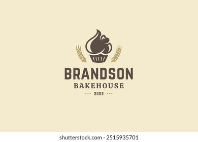 Bakehouse fresco apetitoso cremoso cupcake estilo antiguo logo diseño Plantilla Vector plana ilustración. Panadería tradicional pan dulce delicioso postre pastelería tienda de cocina logotipo de la marca