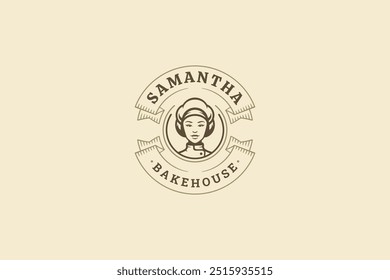 Bakehouse fresh pastry shop cafe retro circle ribbon logo design template vector flat illustration. Bakery store cafeteria eatery old style minimalist logotype with woman baker portrait