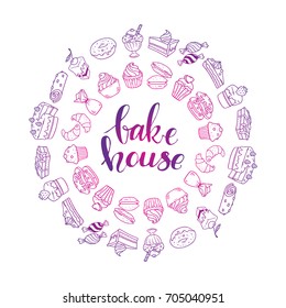 Bakehouse lettering logo, circle frame with bakery & pastry symbols. Sweets label design for cafe menu, flyer, banner, poster, sticker, packaging templates. Pattern brushes are included in EPS file.