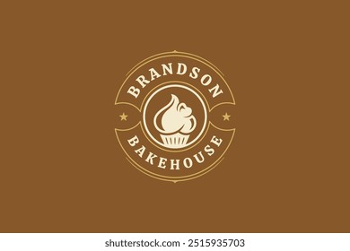 Bakehouse retro circle logo design template with creamy cupcake vector flat illustration. Bakery fresh baked delicious sweet dessert cake bread pastry cooking advertising minimalist logotype