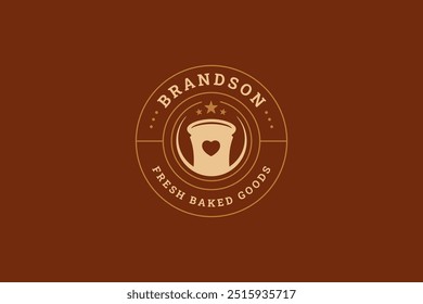 Bakehouse retro circle logo design template with fresh bread heart decor element vector flat illustration. Bakery shop store cafe minimalist logotype for brand baked delicious pastry product