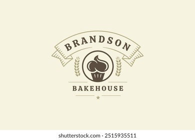 Bakehouse Retro-Logo-Design-Vorlage mit cremigen Cupcake Vektor flache Illustration. Bäckerei minimalistische Logotype mit Band und Weizen dekoratives Element für Shop-Café-Menü Markenwerbung