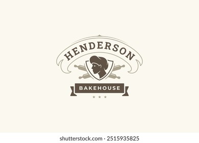 Modelo de design de logotipo retro Bakehouse com rolo pin e fita vetor ilustração plana. Logotipo clássico de loja de cafés de padaria para pastelaria loja de lanchonetes marca insígnia etiqueta publicidade