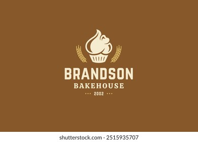 Bakehouse süß cremig Cupcake Dessert Retro Logo Design Vorlage Vektor flache Illustration. Bäckerei frische Küche Backwaren Weizenbrot und traditionelle gebackene Dessert alten Stil minimalistischen Logotype