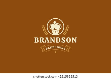 Bakehouse süß cremig Cupcake Retro Logo Design Vorlage Vektor flache Illustration. Bäckerei leckere Kuchen Dessert minimalistischen alten Stil Logotype mit Weizen und Band Dekorelement für Markenmenü