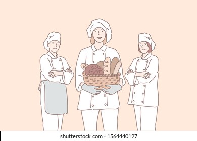 Baker, advertising, cook, business concept. Young happy people, men and woman promote bakery. Professional chefs offer products, bread, French loaf. Kitchen, cooking industrial. Simple flat vector.