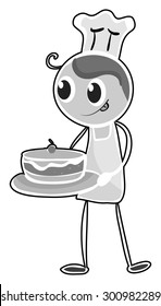Baker en el delantal sosteniendo una bandeja de tarta