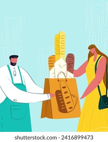 Baker in apron presenting bread to woman. Female customer receiving a bag of bakery goods. Fresh bakery and customer service vector illustration.