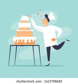 Baker baked cake, confectioner. Flat design vector illustration.	