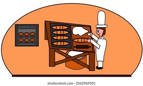 A baker in a bakehouse is baking baguettes and bread rolls.