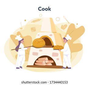 Bäckerei und Bäckerei. Küchenchef im einheitlichen Backbrot. Backgebäck. Einzelne Vektorgrafik im Cartoon-Stil