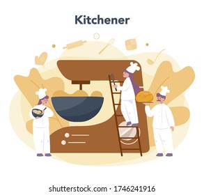 Baker and bakery concept. Chef in the uniform baking bread. Baking pastry process. Isolated vector illustration in cartoon style