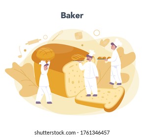 Baker and bakery concept. Chef in the uniform baking bread. Baking pastry process. Isolated vector illustration in cartoon style