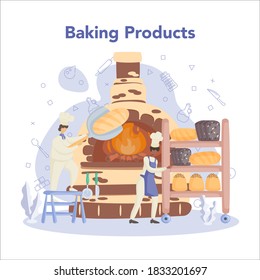 Baker and bakery concept. Chef in the uniform baking bread. Cooking process. Baking pastry process. Isolated vector illustration in cartoon style