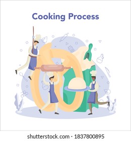 Baker and bakery concept. Chef in the uniform baking bread. Cooking process. Baking pastry process. Isolated vector illustration in cartoon style