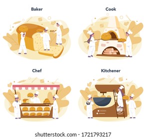 Baker and bakery concept set. Chef in the uniform baking bread. Baking pastry process. Isolated vector illustration in cartoon style