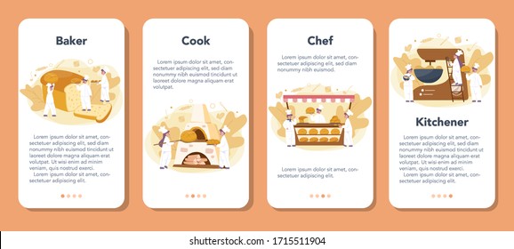 Baker and bakery mobile application banner set. Chef in the uniform baking bread. Baking pastry process. Isolated vector illustration in cartoon style