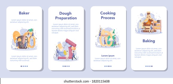 Baker and bakery mobile application banner set. Chef in the uniform baking bread. Cooking process. Baking pastry process. Isolated vector illustration in cartoon style