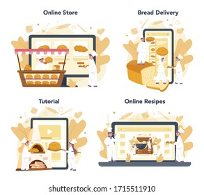 Baker and bakery online service or platform set. Chef in the uniform baking bread. Baking pastry process. Online shop, delivery, recipe or video tutorial. Isolated vector illustration in cartoon style