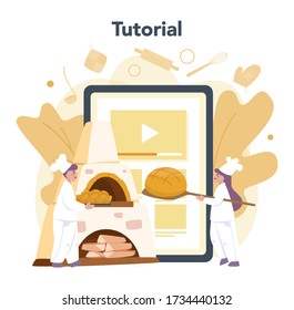 Baker and bakery online service or platform. Chef in the uniform baking bread. Baking pastry process. Online video tutorial. Isolated vector illustration in cartoon style