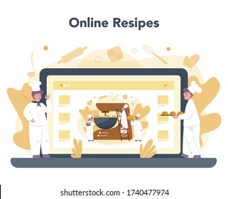 Baker and bakery online service or platform. Chef in the uniform baking bread. Baking pastry process. Online recipe. Isolated vector illustration in cartoon style