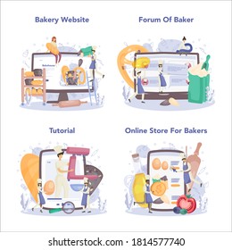 Bäckerei und Bäckerei Online Service oder Plattform Set. Küchenchef im einheitlichen Backbrot. Backgebäck. Online-Forum, Tutorial, Shop, Website. Einzelne Vektorgrafik
