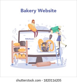 Bäckerei und Bäckerei online Service oder Plattform. Küchenchef im einheitlichen Backbrot. Backgebäck. Website. Einzelne Vektorgrafik