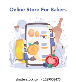Baker and bakery online service or platform. Chef in the uniform baking bread. Baking pastry process. Online store Isolated vector illustration