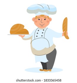 Baker with bakery products on a white isolated background. Vector illustration in the style of the cartoon happy Baker. Male character.