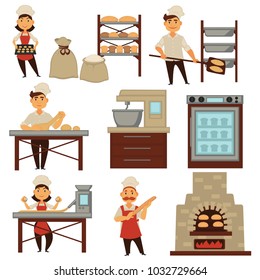 Baker in bakery shop baking bread process vector isolated profession people icons