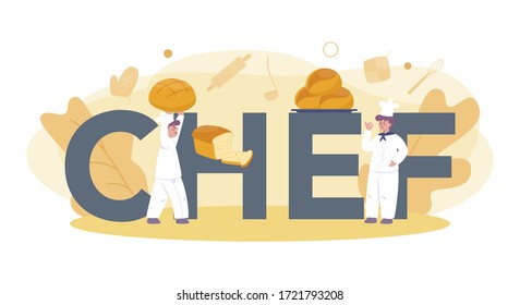 Baker and Bäckerei typografische Header Konzept. Küchenchef im einheitlichen Backbrot. Backgebäck. Einzige Vektorgrafik im Cartoon-Stil