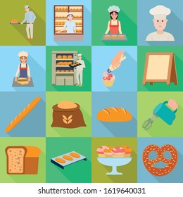 Baker and bakery vector flat icon set.Vector isolated illustration oven and mixer.Icon set of tool for bakery.