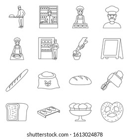 Baker and bakery vector outline icon set.Vector isolated illustration oven and mixer.Icon set of tool for bakery.