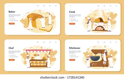 Baker and bakery web banner or landing page set. Chef in the uniform baking bread. Baking pastry process. Isolated vector illustration in cartoon style