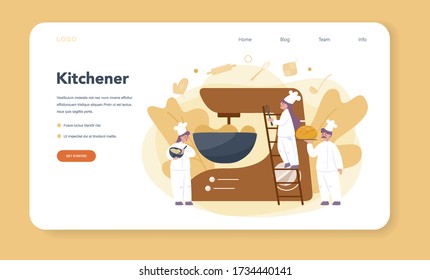 Baker and bakery web banner or landing page. Chef in the uniform baking bread. Baking pastry process. Isolated vector illustration in cartoon style