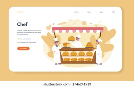 Baker and bakery web banner or landing page. Chef in the uniform baking bread. Baking pastry process. Isolated vector illustration in cartoon style