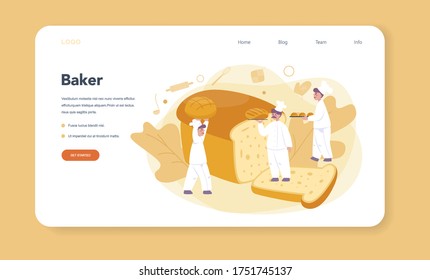 Baker and bakery web banner or landing page. Chef in the uniform baking bread. Baking pastry process. Isolated vector illustration in cartoon style