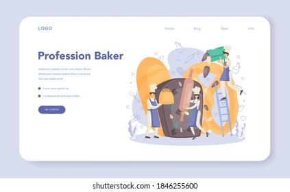 Baker and bakery web banner or landing page. Chef in the uniform baking bread. Cooking process. Baking pastry process. Isolated vector illustration in cartoon style