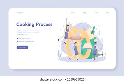 Baker and bakery web banner or landing page. Chef in the uniform baking bread. Cooking process. Baking pastry process. Isolated vector illustration in cartoon style
