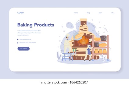 Baker and bakery web banner or landing page. Chef in the uniform baking bread. Cooking process. Baking pastry process. Isolated vector illustration in cartoon style