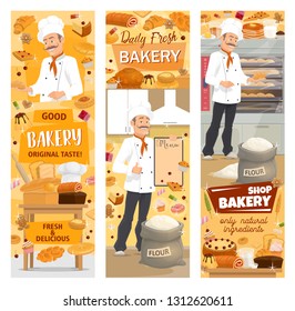 Baker baking bread or pastry food, bakery shop showcase. Vector bread and baguette, cake and roll with jam, toast and donut. Croissant and waffles, gingerbread cookie and cupcake, sack of flour