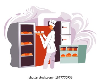 Baker baking loaves of bread, buns and pastry for bakery shop or store. Preparation of food for restaurant or diner, cafe or fast food bistro. Male character in kitchen. Vector in flat style