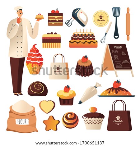Baker and baking tools, confectionery or bakery shop, pastry food vector. Cake and pie, cupcake and muffin, cookie and sweet, menu street banner. Whisk and rolling pin, spatula and flour sack